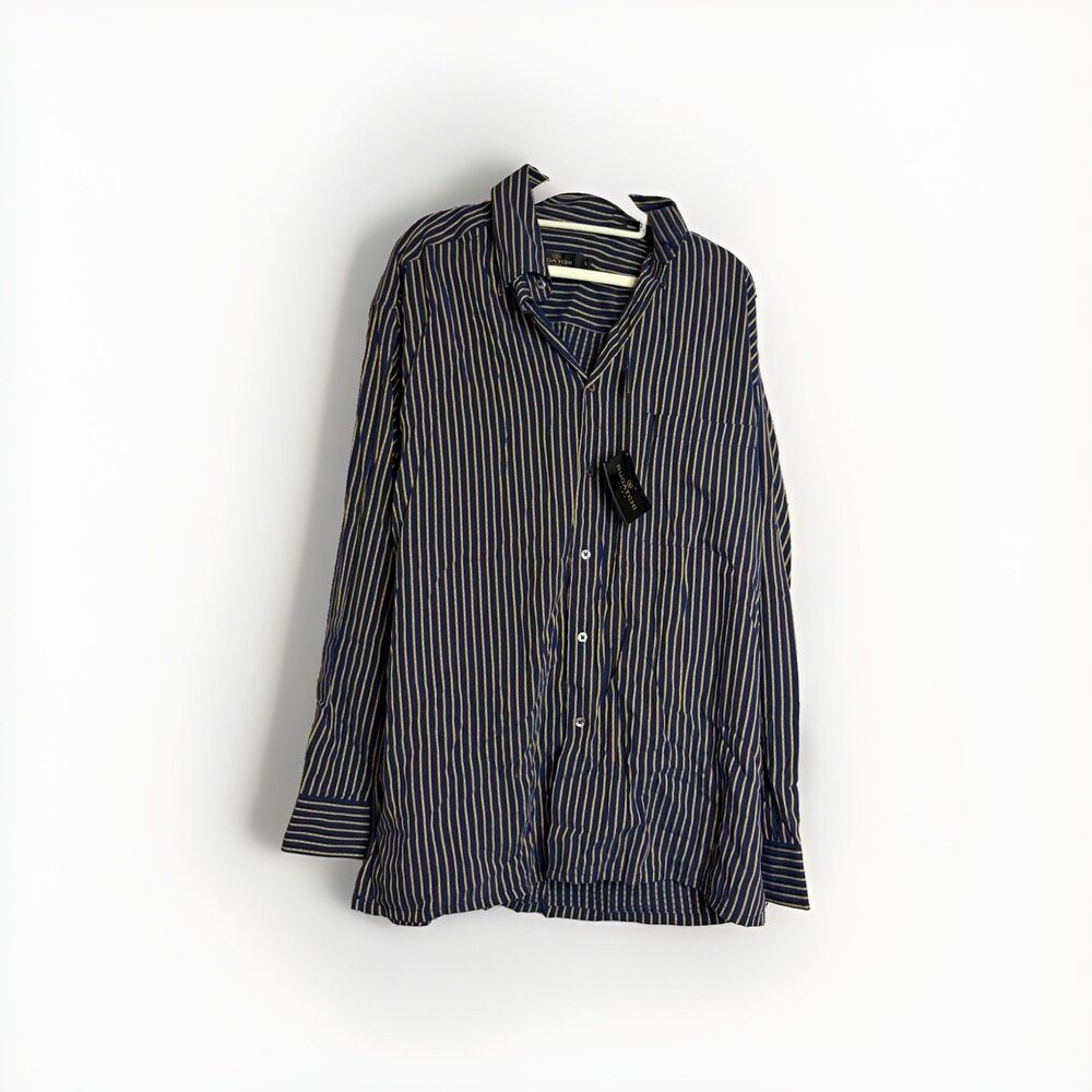 Bugatchi Uomo Mens L Blue Gold Striped Long Sleeve Button Up Dress Shirt